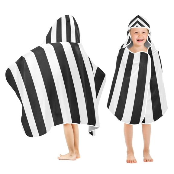 White and Black Stripe Pattern Kids Hooded Beach Towel Baby Bath Poncho Towels with Hood Absorbent 50"x23.5" for Pool Swimming