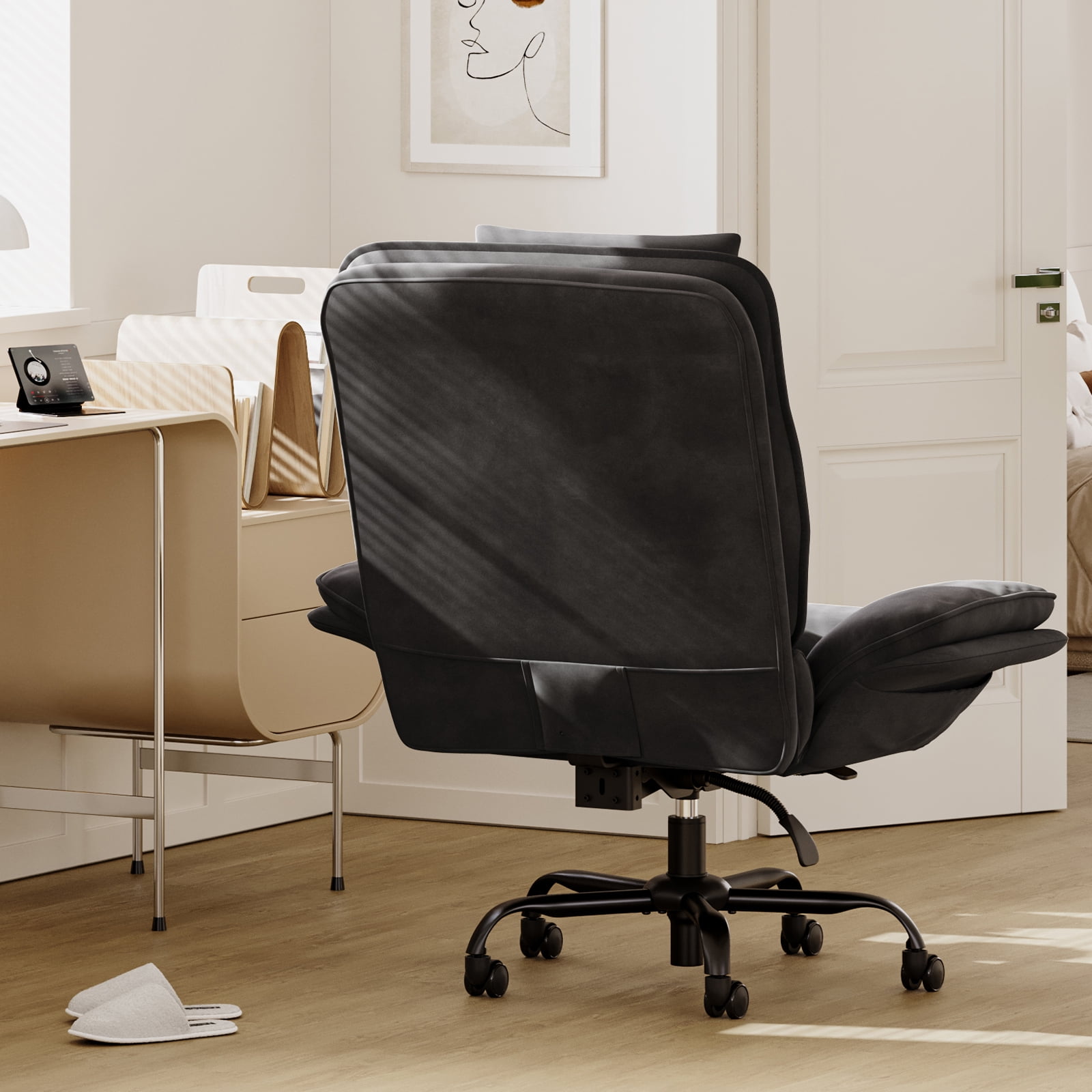 Bestier Big and Tall Executive Office Chair with Flip-Up Arms for Adults, Adjustable Height, Reclining Office Chair with Headrest & Side Pockets in Black