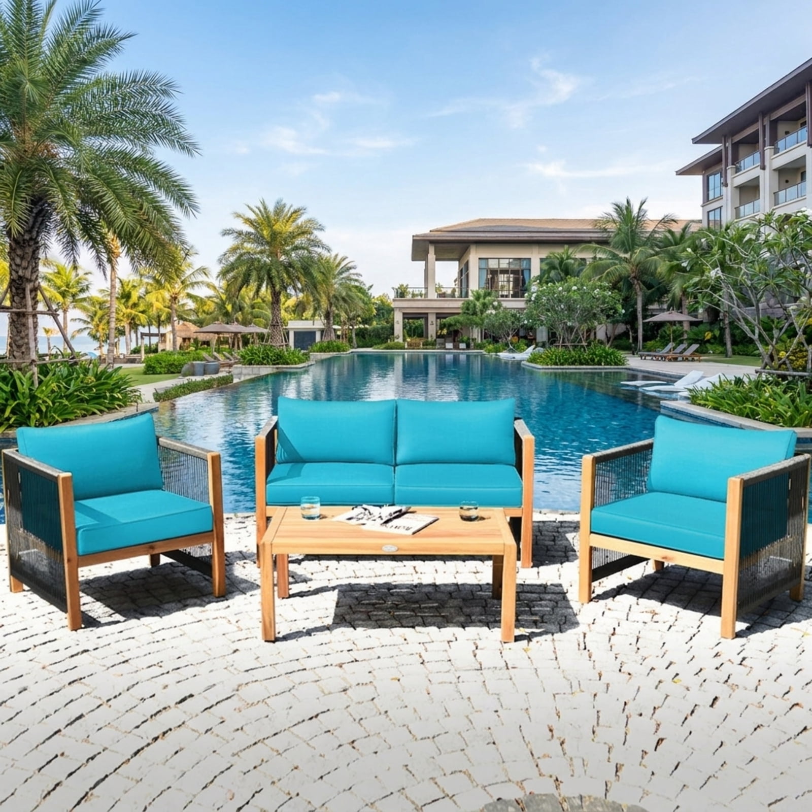 Biotree 4 Piece Acacia Wood Patio Furniture Set outdoor conversation set with cushions and coffee table for garden backyard and porch, Turquoise