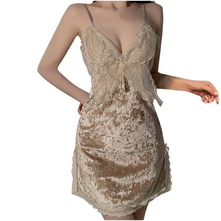 Women Sexy Lace Butterfly Nightwear Velvet Babydoll Bodycon Midi Dress 2025 Backless Pajamas Nightdress Y2K Clothes