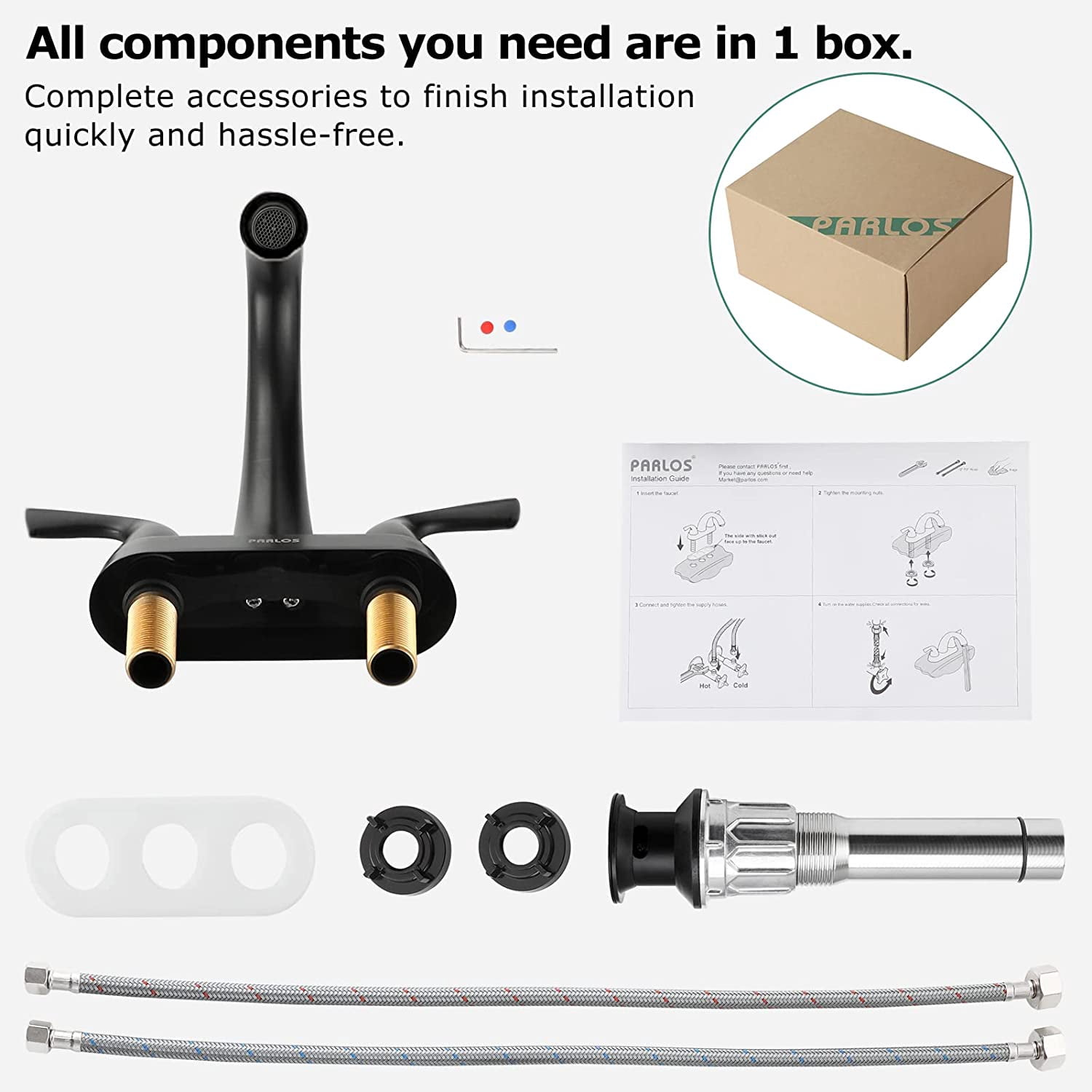 PARLOS Centerset Two-Handle Bathroom Sink Faucet with Metal Drain Assembly and Supply Hose,Matte Black