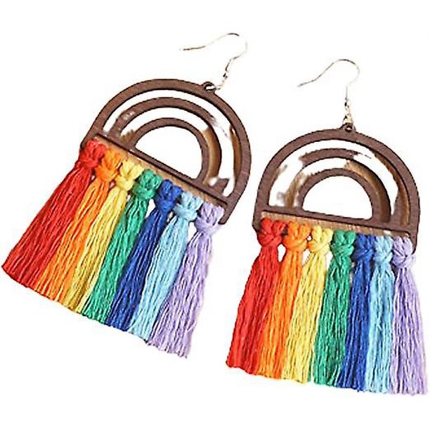 Pendientes colgantes con borlas de madera de arcoíris coloridos, pendientes bohemios tejidos a mano, tejido exagerado hecho a mano, pendientes colgantes con borlas étnicas para mujeres y adolesce
