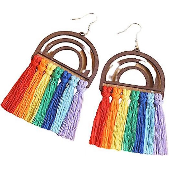 Pendientes colgantes con borlas de madera de arcoíris coloridos, pendientes bohemios tejidos a mano, tejido exagerado hecho a mano, pendientes colgantes con borlas étnicas para mujeres y adolesce
