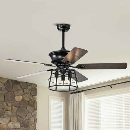 

52 Farmhouse Ceiling Fan With Lights 52 Inch Industrial Cage Ceiling Fan Light Indoor Outdoor Ceiling Fan With Remote Reversible Ac Motor For Farmhouse Patios Bedroom Garage 3&E26 --Matte Blac
