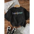 thumbnail image 1 of Women's Casual Short Sleeve Crew Neck T-Shirt - Bonjour Letter Print with Colorful Gradient Design, Lightweight Breathable Fabric Ladies T Shirts, 1 of 6