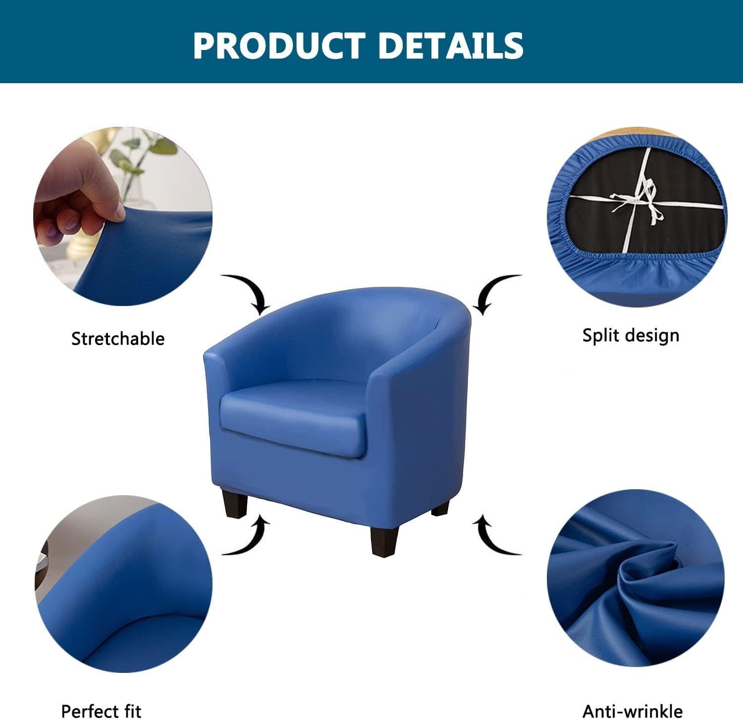 BH-JJSMGS Stretch Club Chair Slipcovers 2 Pieces, PU Leather Round Barrel Chair Cover with Cushion Cover, Oilproof Couch Cover for Cats Dogs