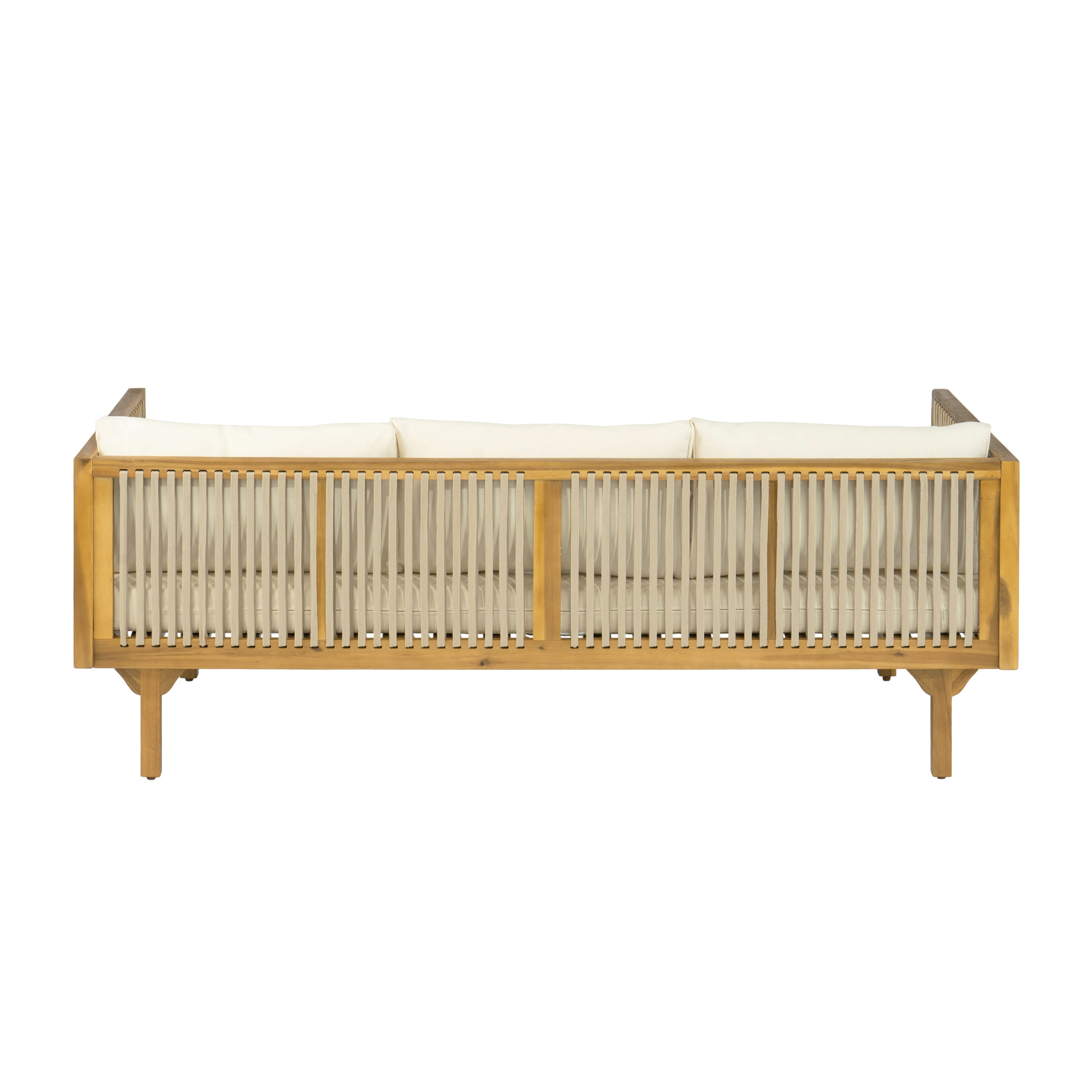 Patio Sofa, Outdoor Beige Cushions Sofa with Light Brown Rope Acacia Wood for Garden Deck, Teak
