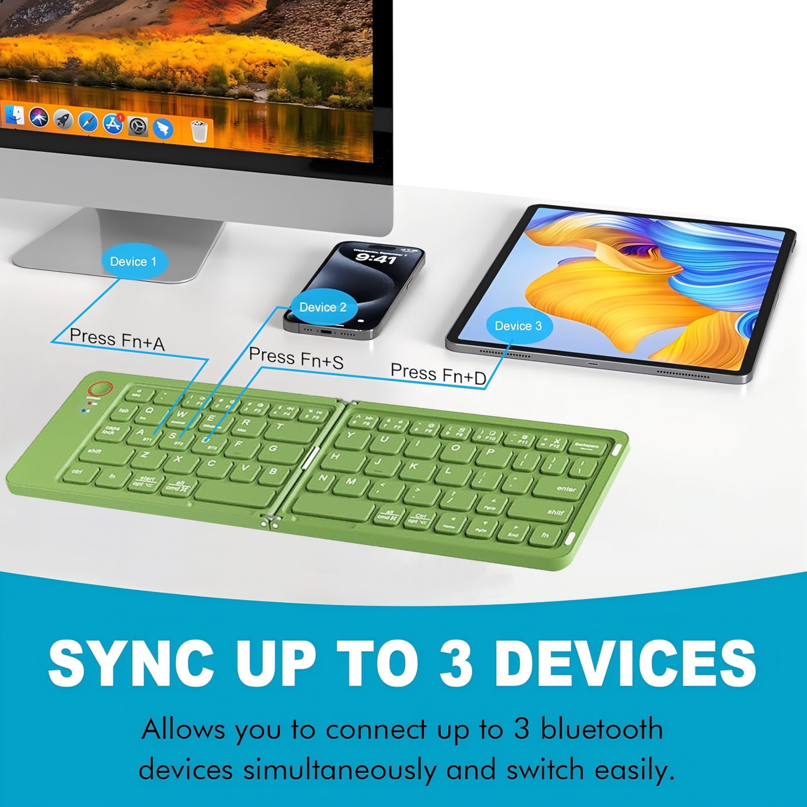 RONY Foldable Wireless Bluetooth Keyboard: Portable Folding Travel Keyboard for iPhone iPad Mac Android Windows iOS (Green)
