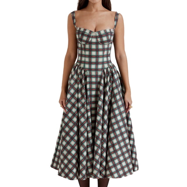 Robe Corset pour Femmes Élégante à Bretelles Robe Midi Fluide Ourlet Plissé Décolleté Plongeant Robes de Bal Robe Bustier Carreaux Rouges TG
