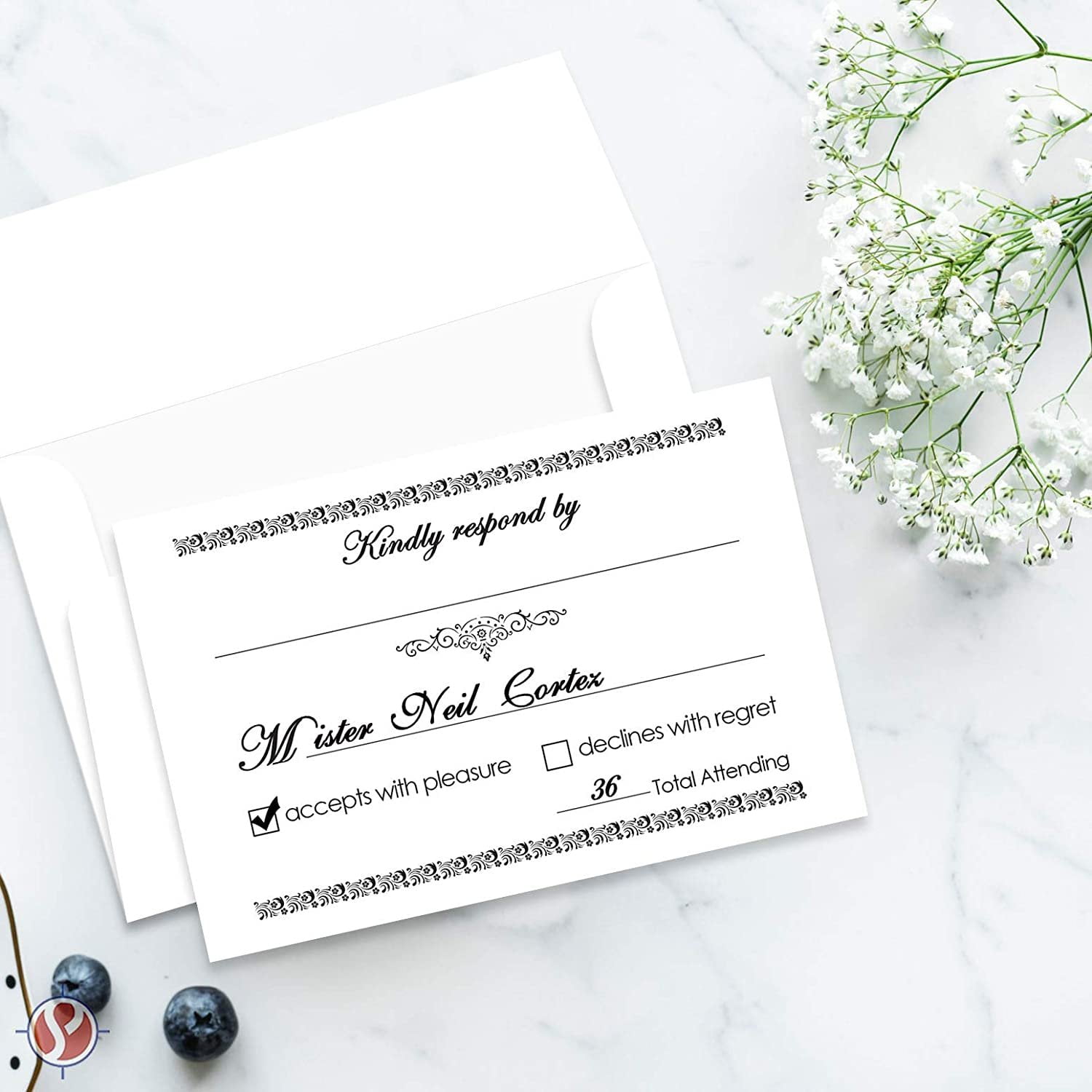 RSVP Wedding Return Cards - Blank Response Reply Card for Wedding, Rehearsal Dinner, Baby Shower, Bridal, Birthday, Engagement, Bachelorette Party - Card Size 4 x 6 and A6 Envelopes - 50 Per Pack
