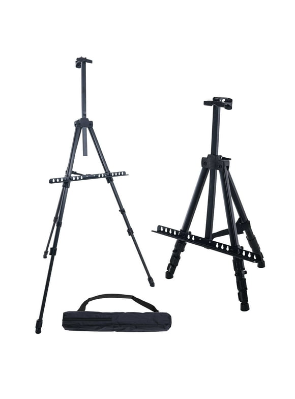 U.S. Art Supply 66 Inch Sturdy Black Aluminum Tripod Artist Field and Display Easel Stand - Adjustable Height 20" to 5.5 Feet, Holds 32" Canvas - Floor and Tabletop Displaying, Painting - Portable Bag