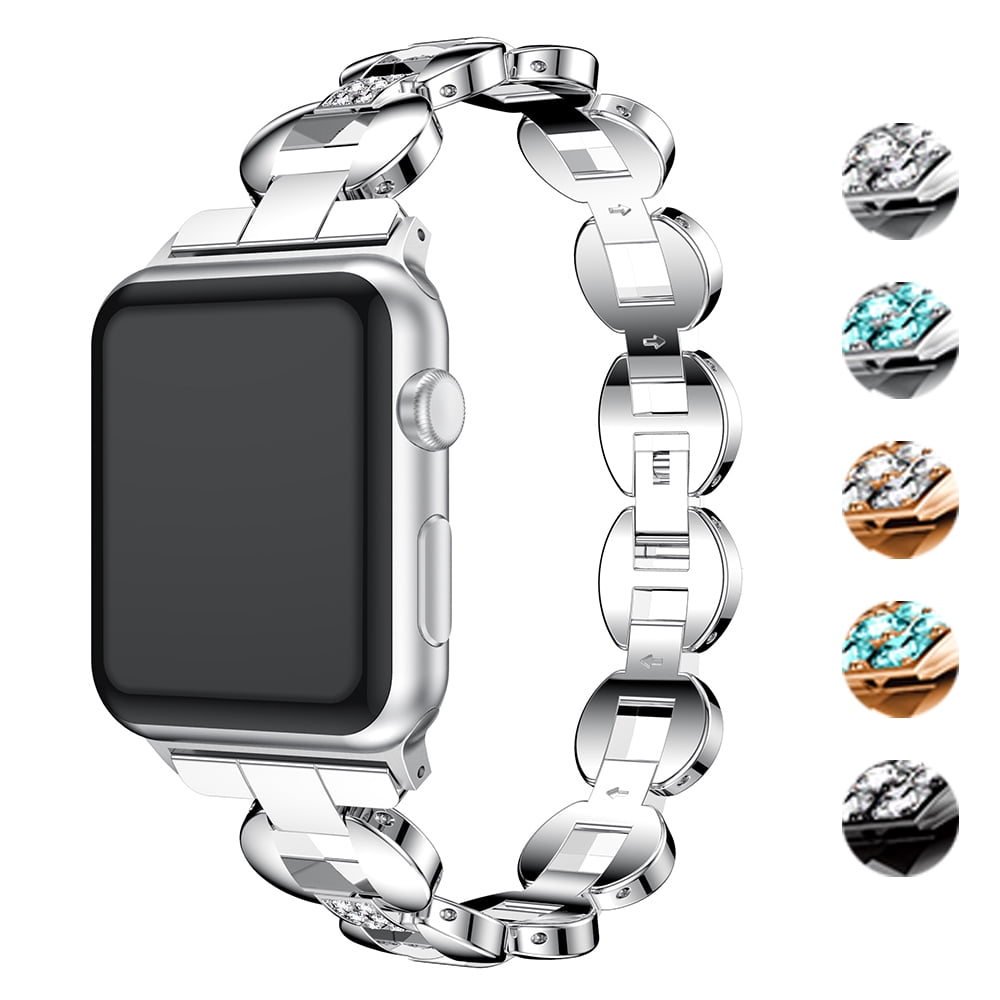 StrapsCo Alloy Metal Link Watch Bracelet Band with Rhinestones for Apple Watch Series 1/2/3/4
