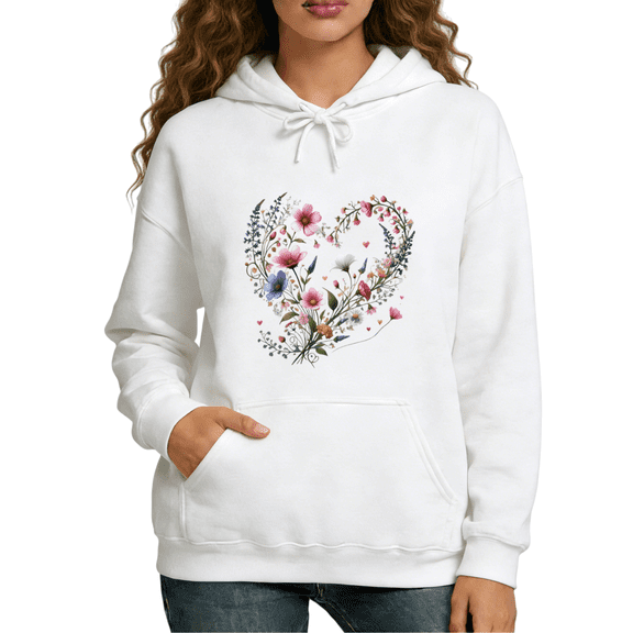 White Wildflower Heart Hoodie Women Cute Floral Print S-2XL Tops