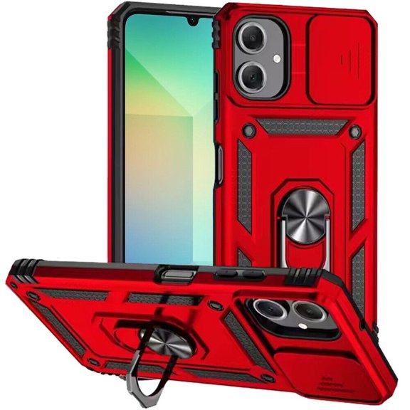 For Samsung Galaxy A06 SM-A065 Camera Push Magnetic Ring Hybrid Kickstand Cover Cell Phone Case - Red