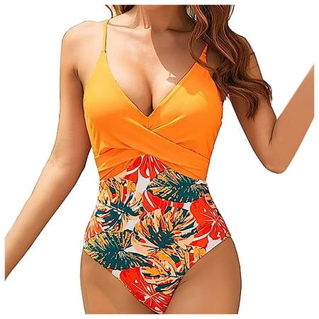 QYZEU Swimsuit for Women 2024 One Piece Solid Color V Neck Thin Strap Bikini Athletic Swimsuits High Waist Bikini Bottom Breathable Comfortable Lightweight Swimwear Orange M