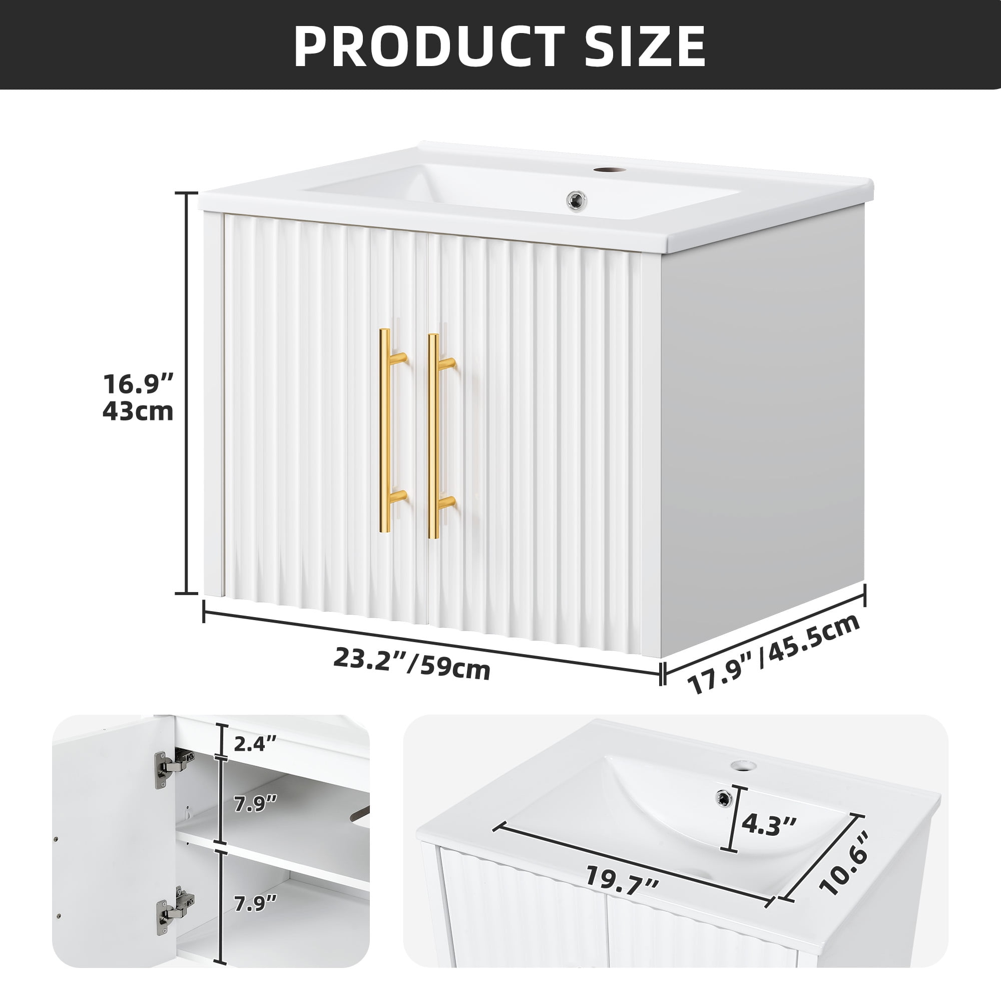 Uforic 23 Inch White Bathroom Vanity with Sink, Wall Mounted Bathroom Sink Storge Cabinet with Drain