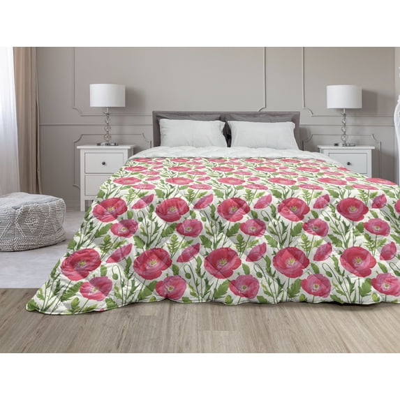 Poppy Flower Down Alternative Comforter, Abstract Pattern with Garden Foliage Botanical Bouquets Organic Meadows, Microfiber Quilt for All Season, 5 Sizes, Green Red White, by Ambesonne