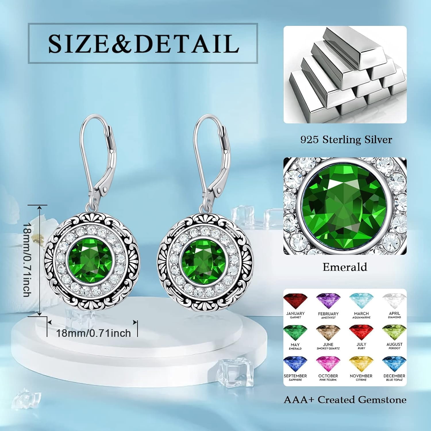 May Birthstone Earrings 925 Sterling Silver Emerald Green Earrings Filigree Birthstone Dangle Drop Earrings for Women Mother's Gifts Fine Jewelry for Women Mom Grandmother