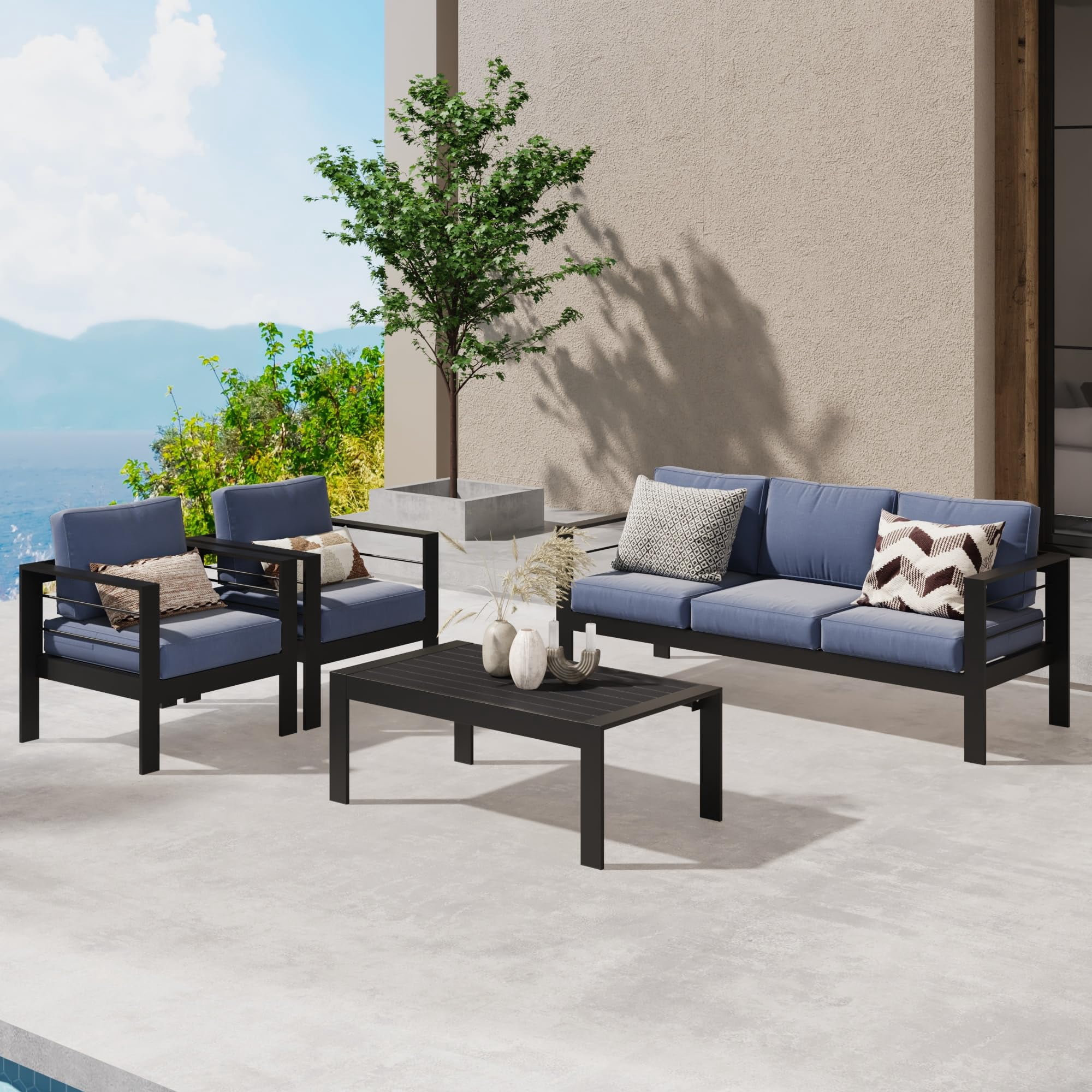 RoyalCraft Aluminum Outdoor Patio Furniture Set, 4 Pcs Modern Outdoor Conversation Set Sectional Sofa with Upgrade Cushion and Coffee Table for Balcony,Blue