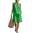 thumbnail image 2 of Linen Short Sets for Women 2 Piece Outfits V Neck Halter Tank Tops Knee Length Bermuda Shorts Beach Loungewear Set,Green M, 2 of 7