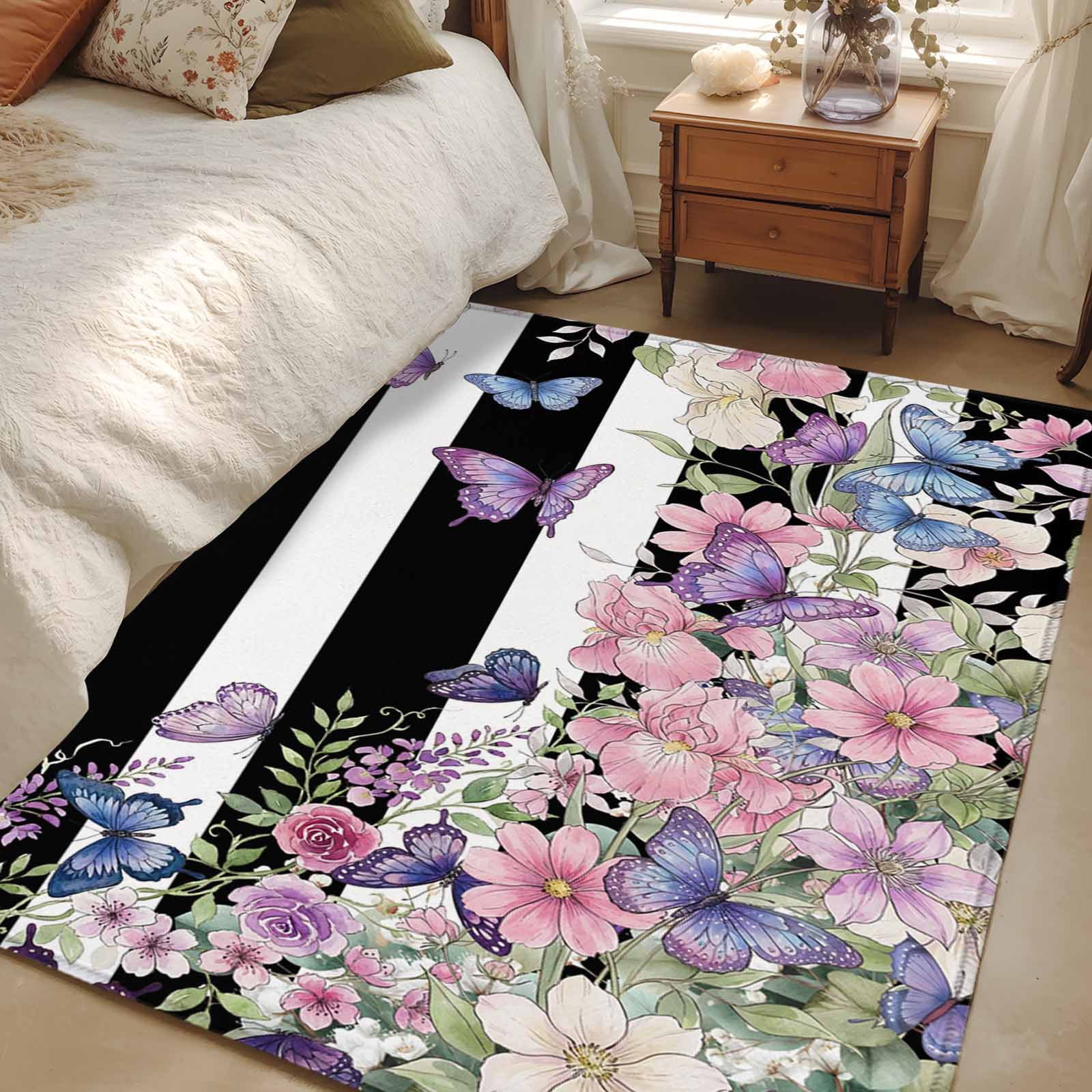 3'x5' Area Rugs, Pink Flowers Indoor Outdoor Area Rug for Living Room Bedroom, Spring Floral Watercolor Botanical Farmhouse Striped Bathroom Rugs Kitchen Floor Carpet Mats Home Decor Aesthetic