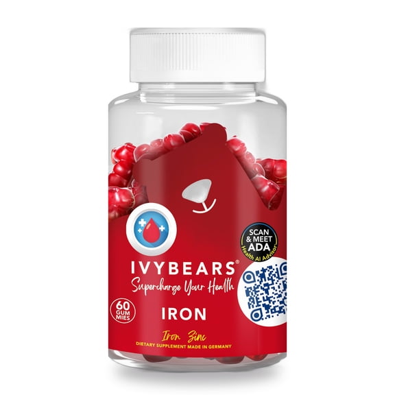 IvyBears Iron Gummies with Zinc – 10 mg Iron for Women & Adults – Cherry Flavor, No Metallic Taste – 60 Count