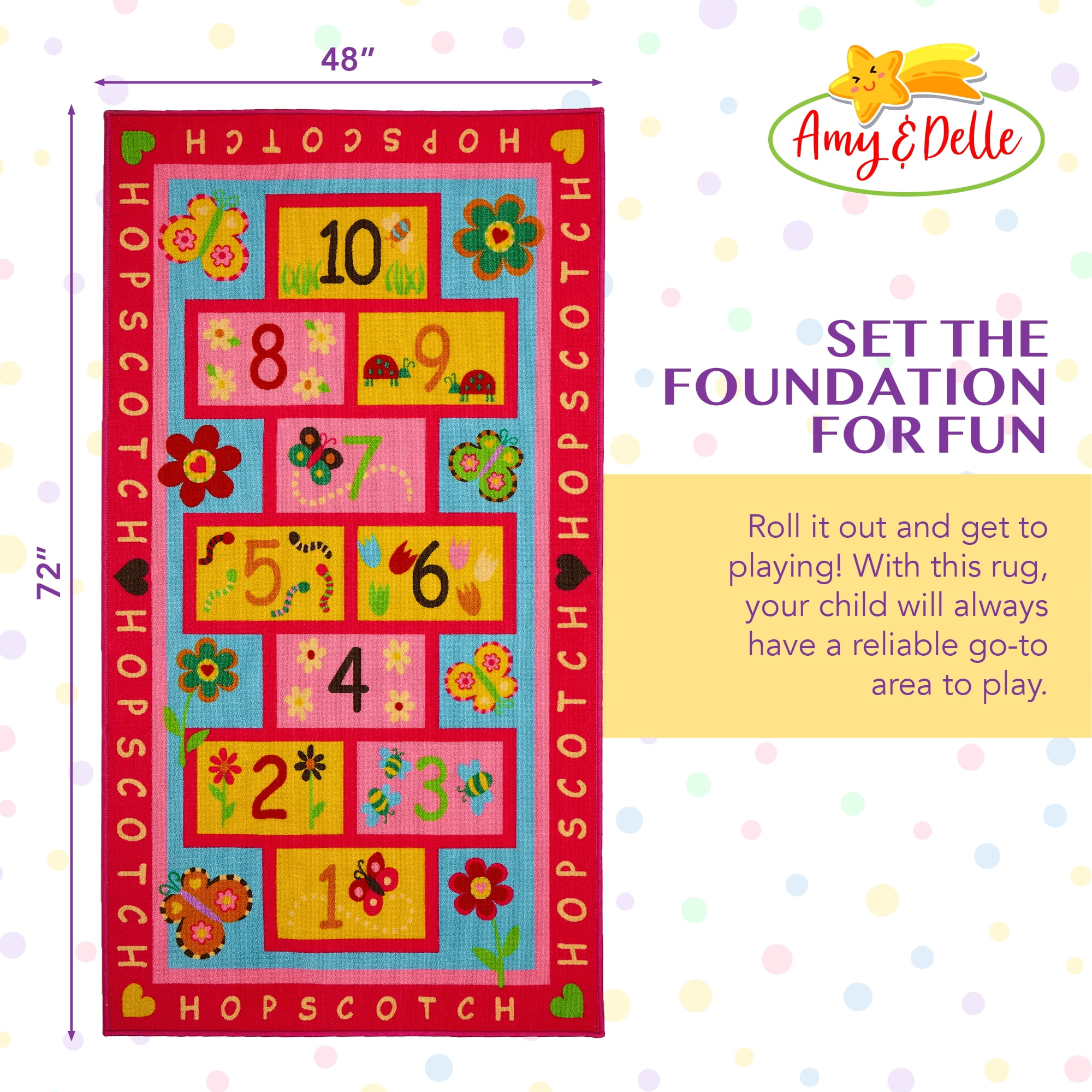 Hopscotch Rug Play Carpet â?? Educational & Fun Kidâ??s Mat for Bedroom, Nursery and Classroom â?? 10 Numbered Squares - Colorful Flower Design