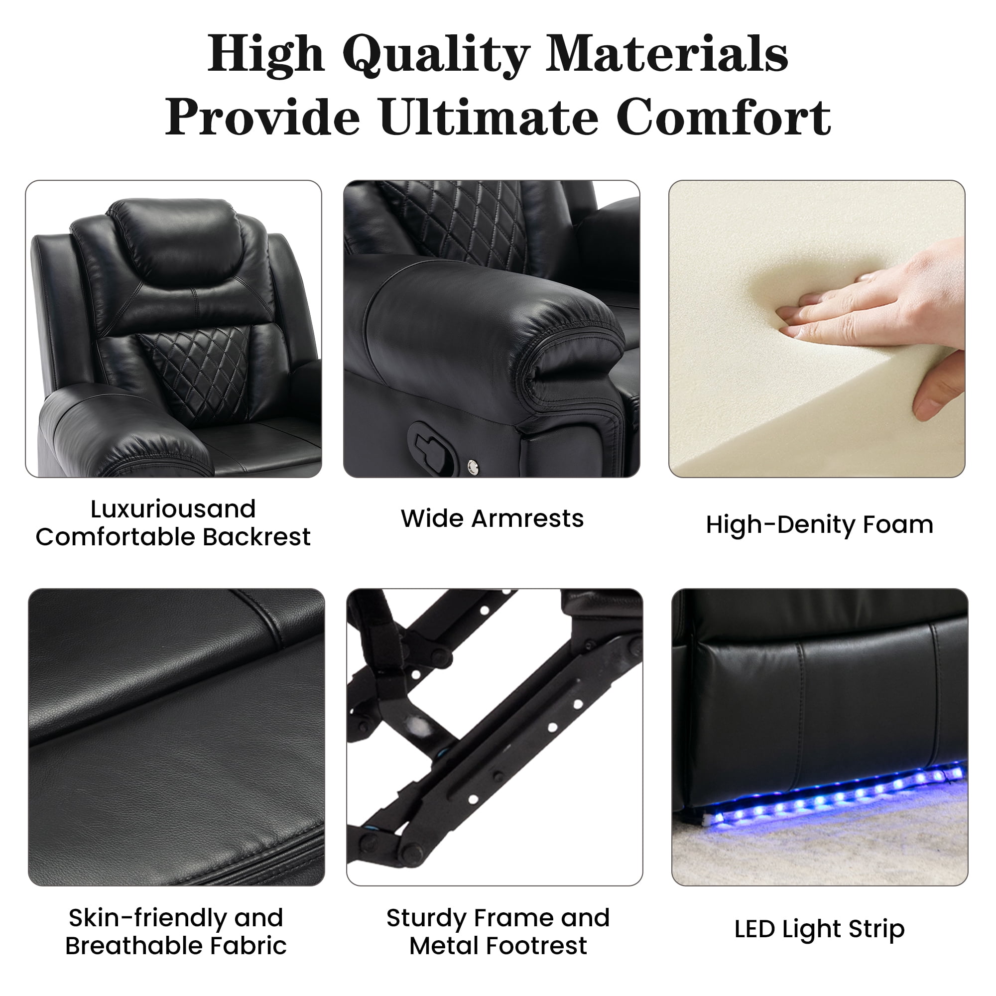 Euroco Home Theater Seating Manual Recliner Chair with LED Light Strip for Living Room,Bedroom, Black