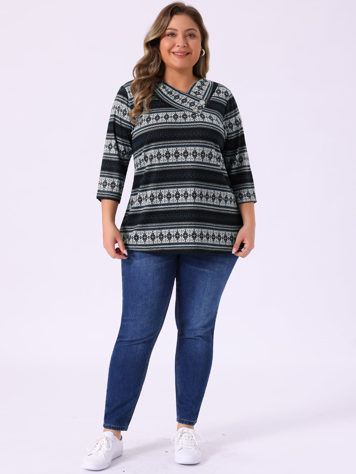 DARING DIVA Women's Plus Tunic Top V Neck Stripe Boho Knit Blouse 2X Gray Black
