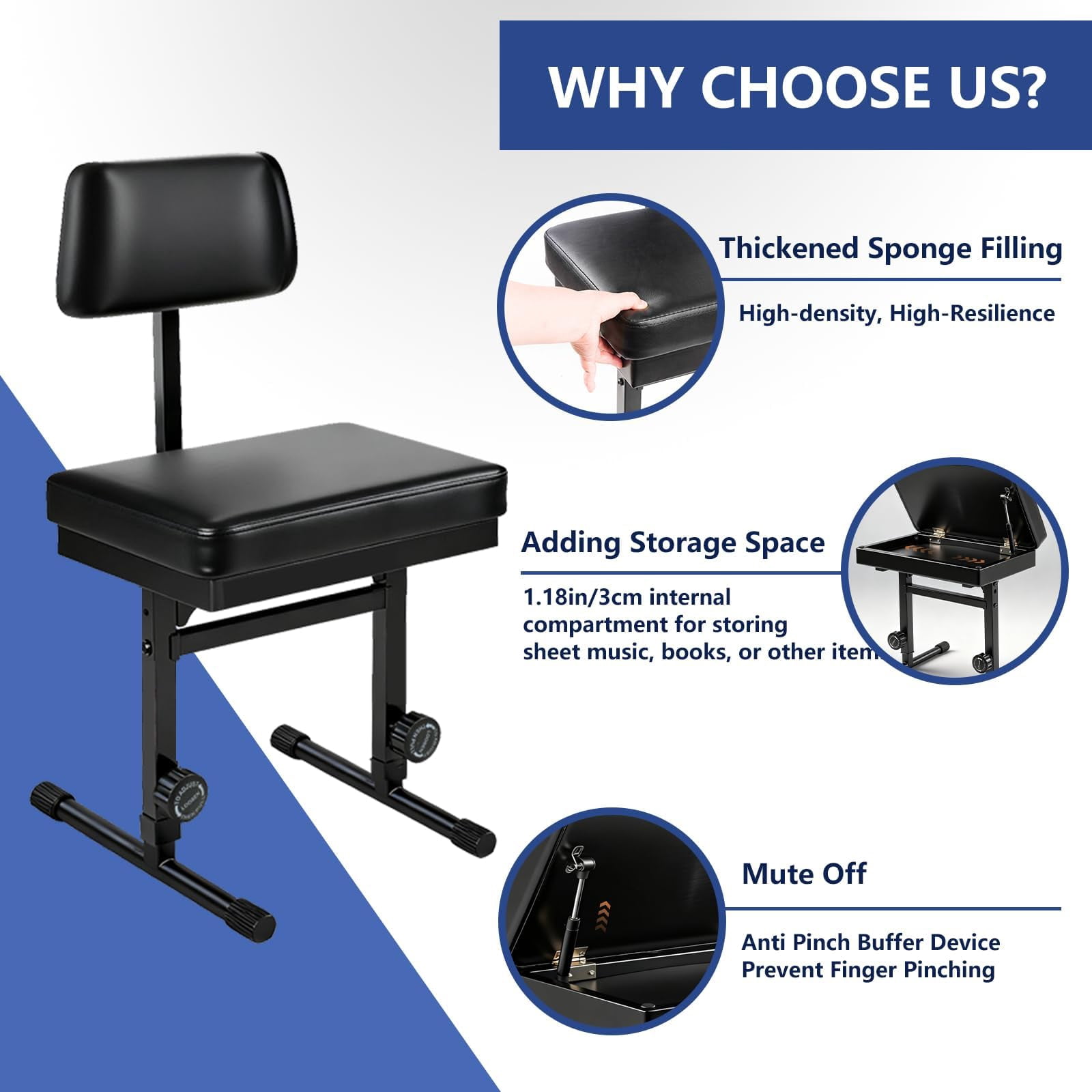 Adjustable Piano Bench With Storage Guitar Stool Back Support Music Keyboard Black Cushion Height For Stand Musicians Playing Chair