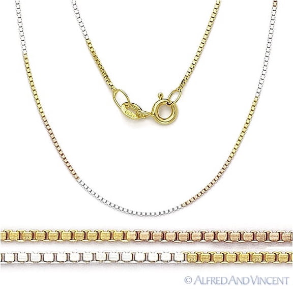 0.8mm Box Link Italian Chain Necklace in 3-Tone .925 Sterling Silver w/ 14k Gold & Rhodium