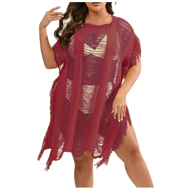 Plebaso Robe de Plage Grande Taille pour Femmes avec Franges et Découpes, Maillot de Bain, Robe de Plage pour Dames