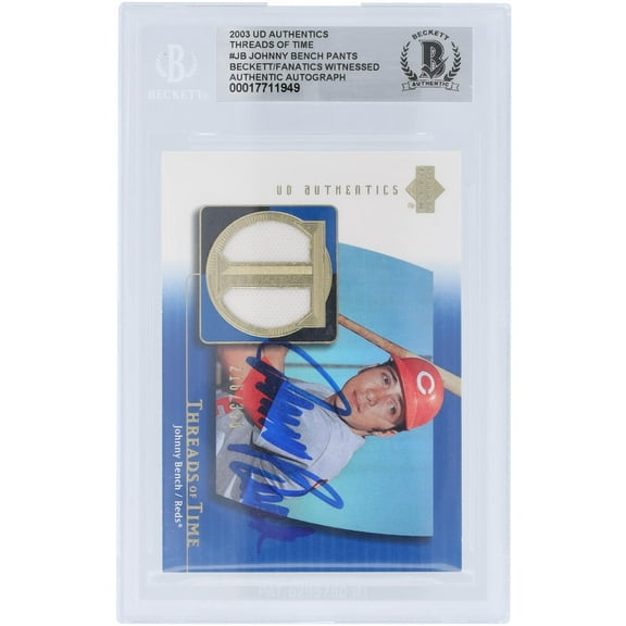 Johnny Bench Cincinnati Reds Autographed 2003 Upper Deck Authentics Threads of Time Jersey Relic #TT-JB Beckett Fanatics Witnessed Authenticated Card - Fanatics Authentic Certified