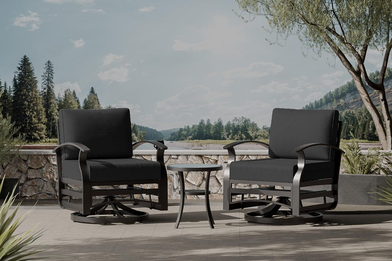 ASJMR 3PCS Outdoor Aluminum Swivel Rocking Chairs, 2-Person Patio Furniture Conversation Set with Coffee Table and Cushions, Black