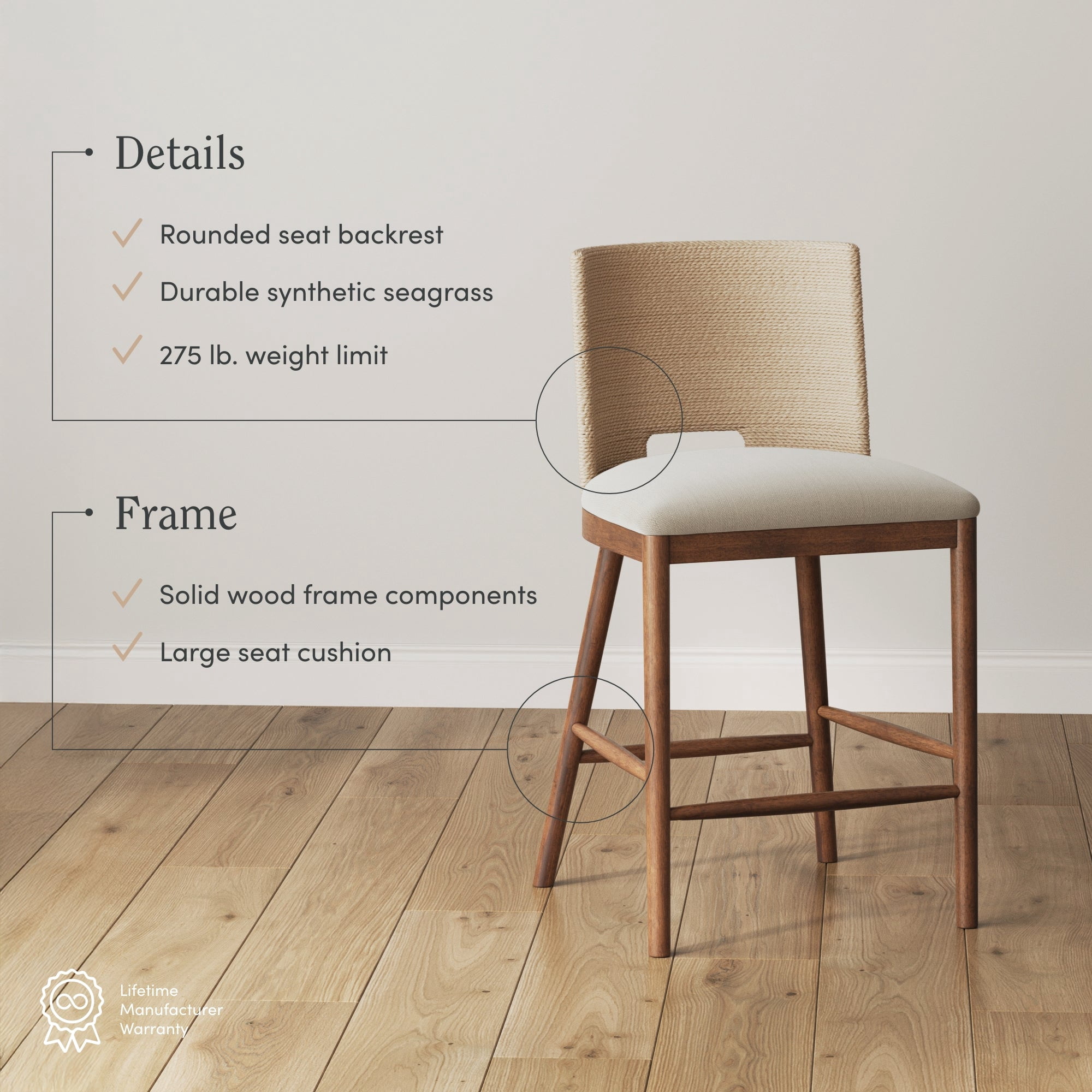 Nathan James Webster Bohemian Round Back Bar Stool, Upholstered Bar Stool with Seagrass Backrest for Kitchen or Bar, Medium Brown Set of 2