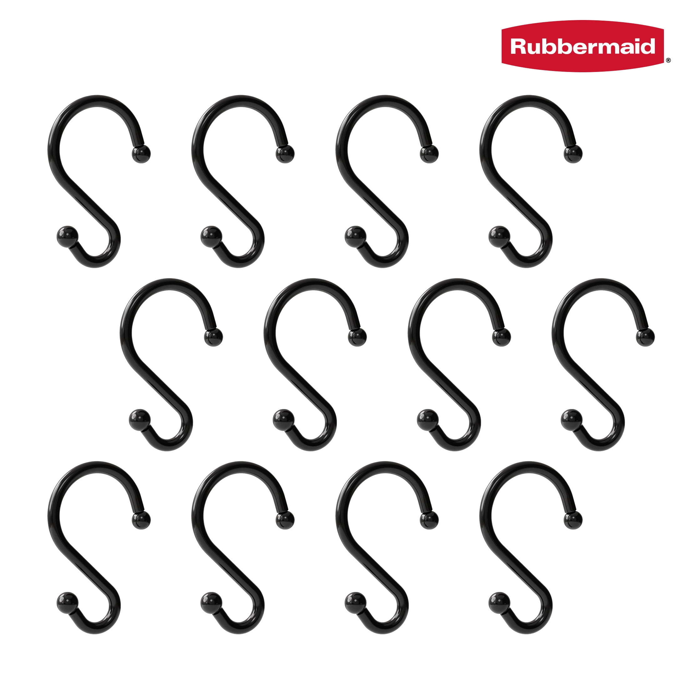 Rubbermaid Black Plastic S-Shape Shower Curtain Hooks, 12 Count