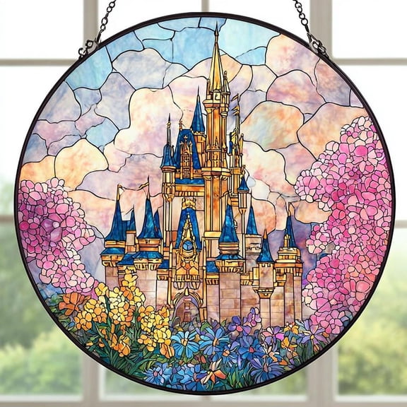 Disneyland Castle Glass Suncatcher v4, Magical Kingdom Window Art, Fairytale Disney, 3.5 in