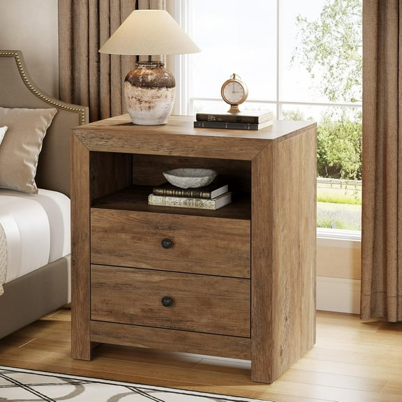 Finmind 2-Drawer Nightstand, Rustic Brown Farmhouse Style, End Side Table with Open Shelf, Ideal for Bedroom & Living Room