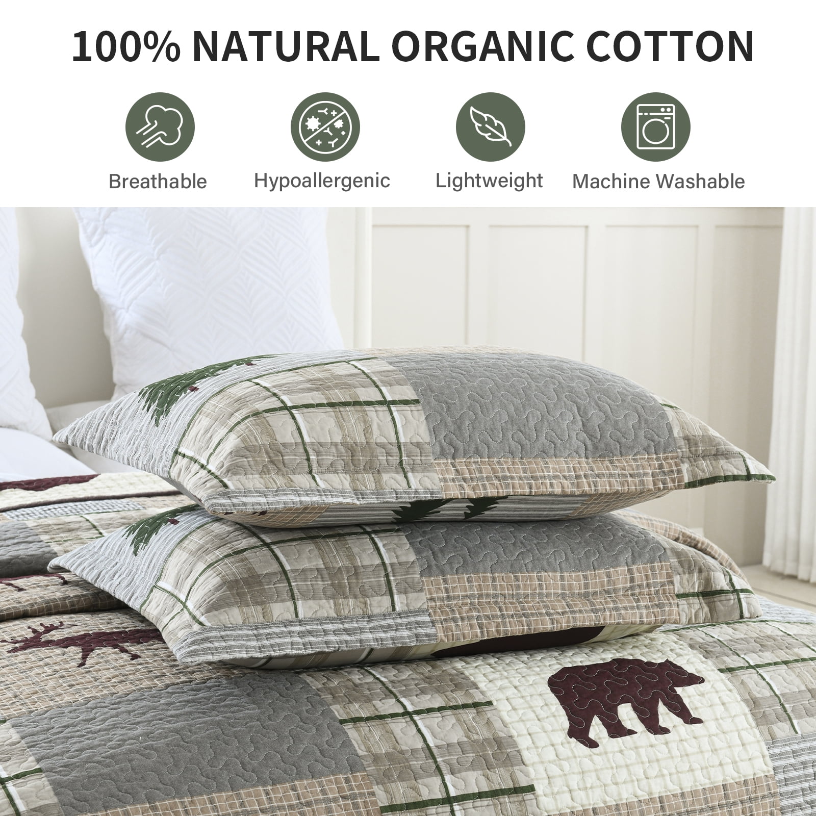 DDUOXIN Farmhouse Cotton Queen Quilt Set - 100% Cotton Brown Gray Patchwork Plaid Rustic Cabin Queen Size Bedspread, Neutral Lightweight Reversible Quiltd Coverlet Set with 2 Pillow Shams, 3 Piece