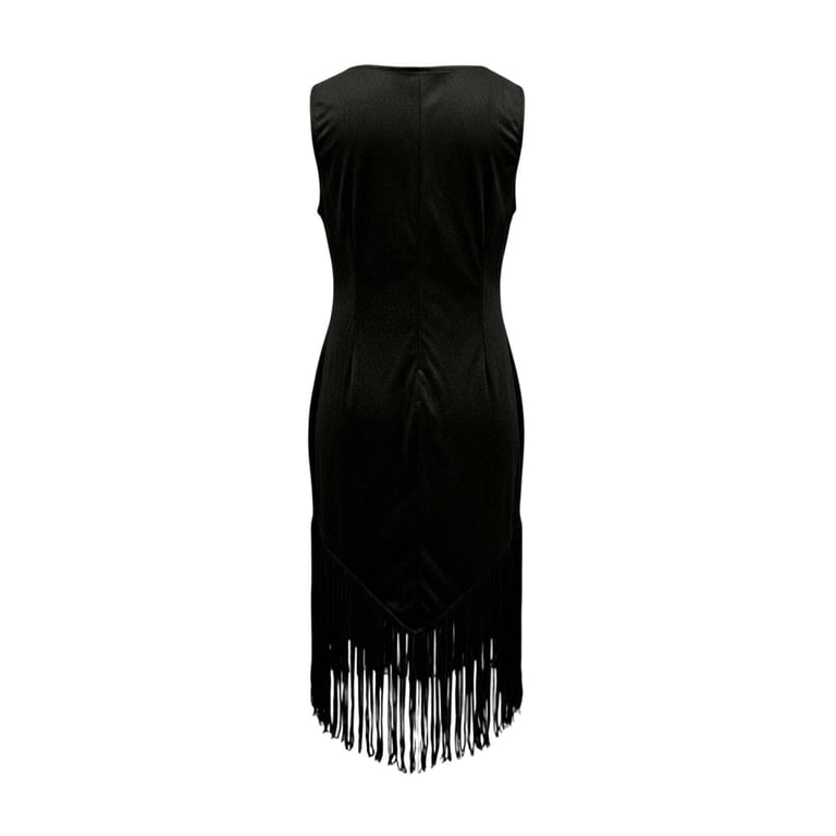 Luvior Women Western Denim Dress Fitted Fringe Sleeveless V-Neck Slim Fit Casual Daily Outing Gown Polyester Lightweight Breathable Outfit with Tassels Black S