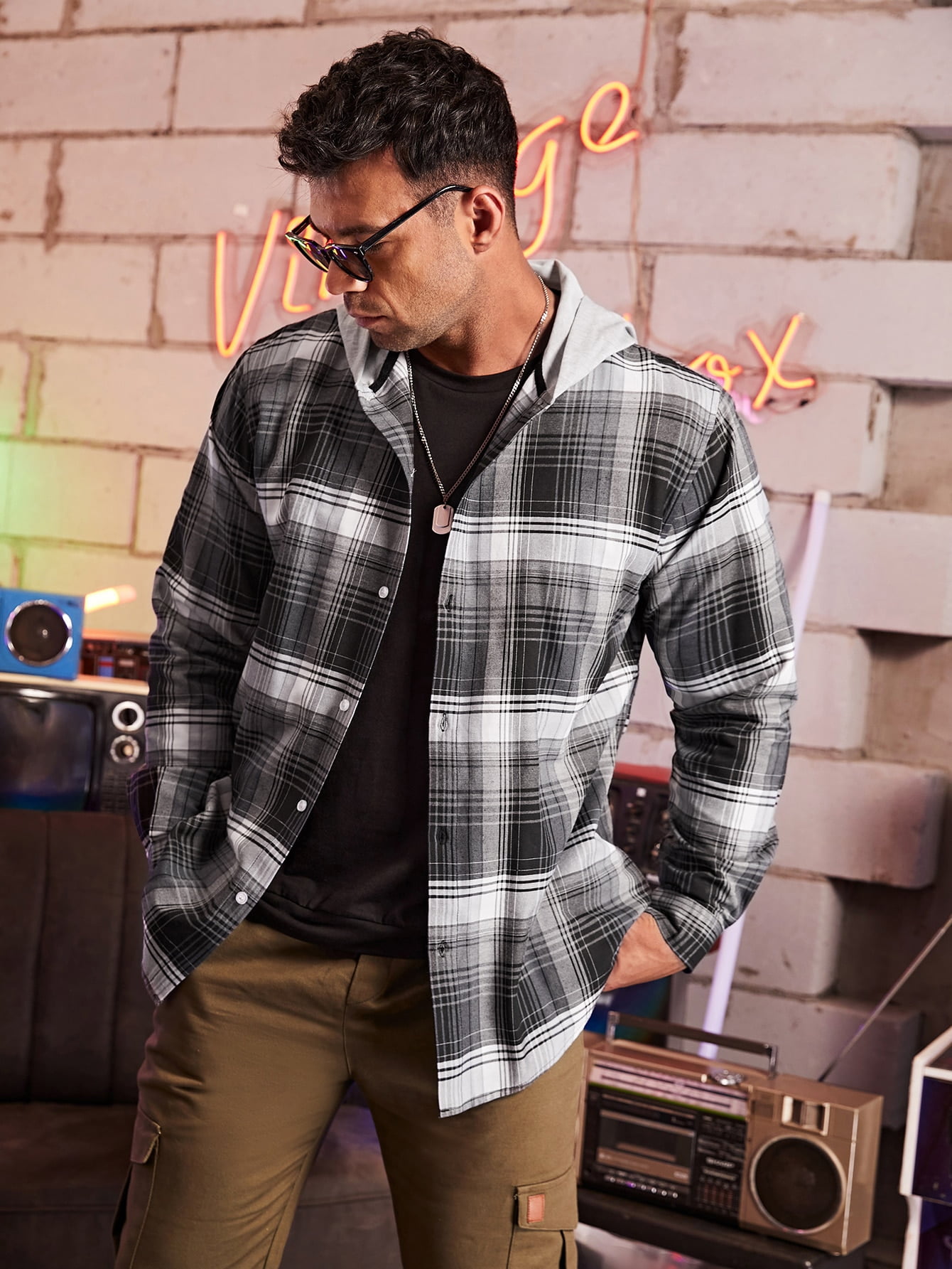 Extended Sizes Men Plaid Hooded Shirt 