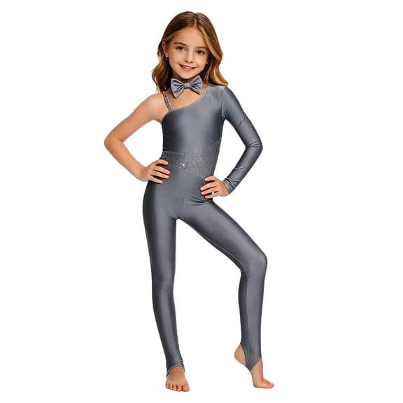 Aiihoo Kids Cat Outfit Set Shiny Rhinestones Jumpsuit with Tail Dancewear Single Long Sleeve Unitards Grey 12