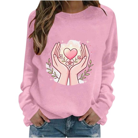 Cmfcve Heart Hands Sweatshirts for Women Floral Graphic Crew Neck Long Sleeve Loose Fit Casual Pullover Tops