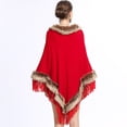thumbnail image 4 of Capa chal de punto con borlas y cuello de piel de zorro sintética para otoño e invierno para mujer, 4 of 6