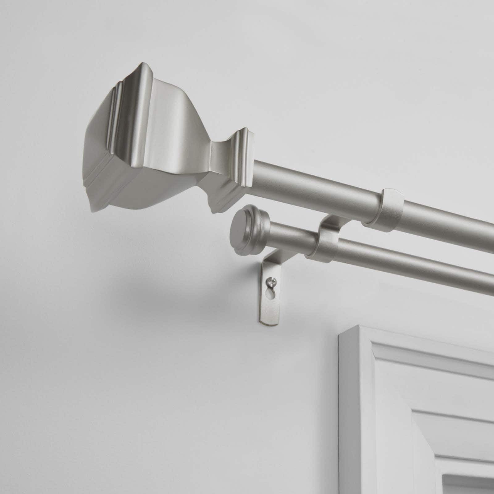 Exclusive Home Napoleon Double Curtain Rod and Finial Set, Matte Silver, 66"-120"