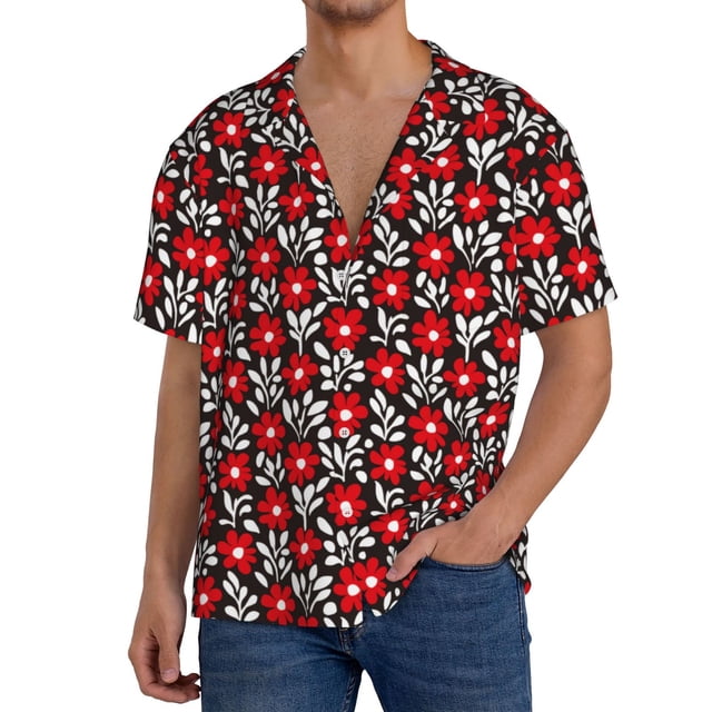 Balery Red Floral Camisa Casual de Manga Corta con Botones para Hombre, Texturizada, Estilo Cubano, para Playa, Verano-XX-Large