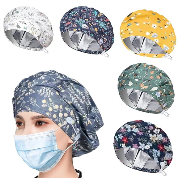6PCS Bouffant Scrub Caps Women, Adjustable Satin Lined Scrub Caps Women, Surgical Cap for Womens, Nurse Cap with Button and Sweatband, Unisex Scrub Hats, One Size Multi Color