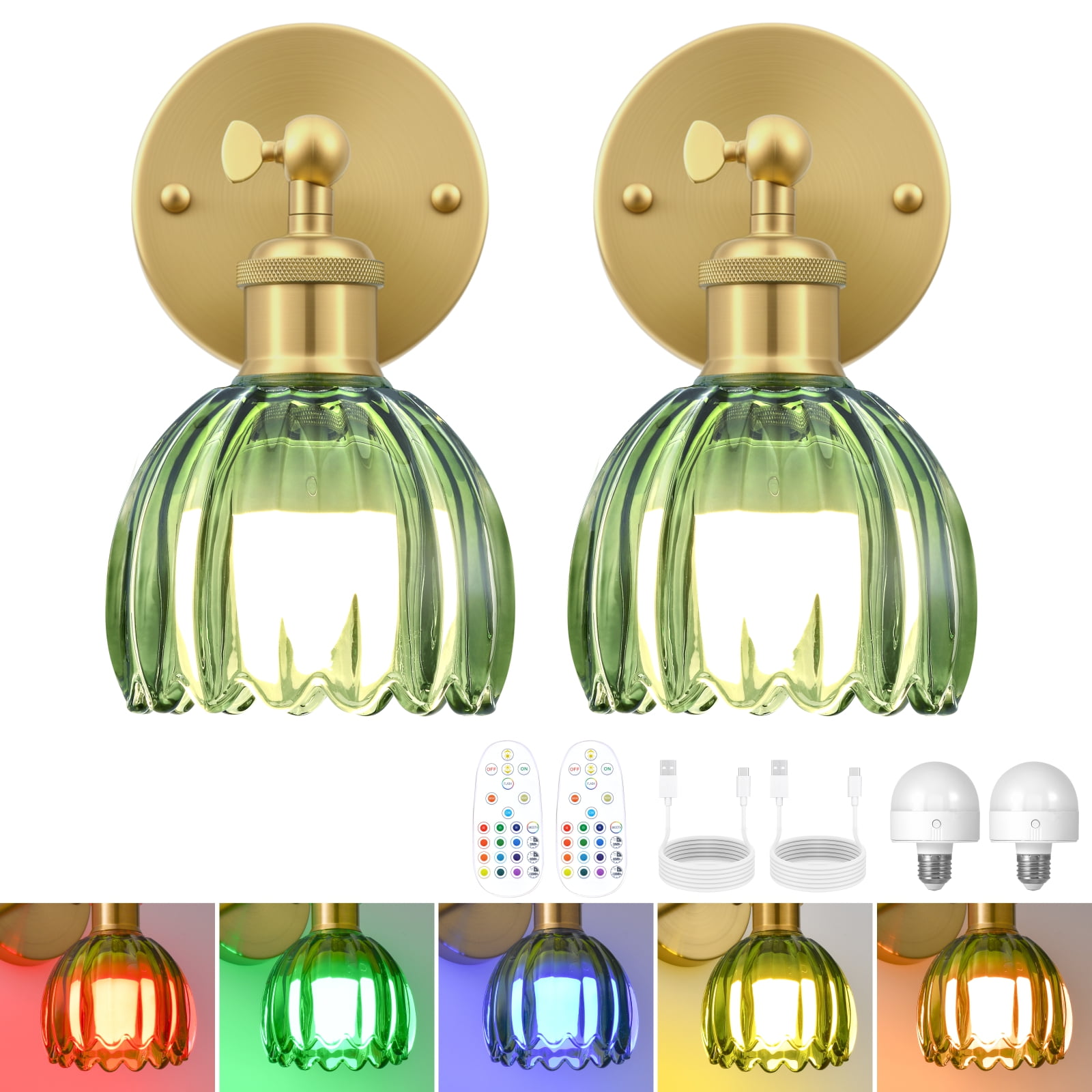GCGAFUL Vintage Battery Operated Wall Sconce with Tulip Glass Lampshade, USB Rechargeable Battery Powered Wall Light for Bedside Bedroom Doorway Living Room，Set of Two
