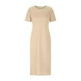 thumbnail image 4 of Summer Dresses for Women 2025 Ndbuld Women's Casual Short Sleeved Split Solid Round Neck Dress Savings Up to 30% off Khaki M, 4 of 6