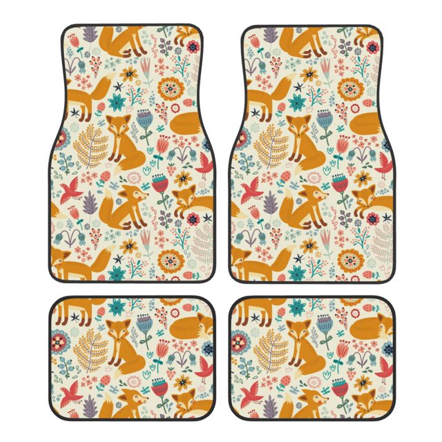 Balery Whimsical Fox Floral Garden Juego de 4 Alfombrillas para Auto, Revestimientos de Caucho Resistente, Diseño Antideslizante
